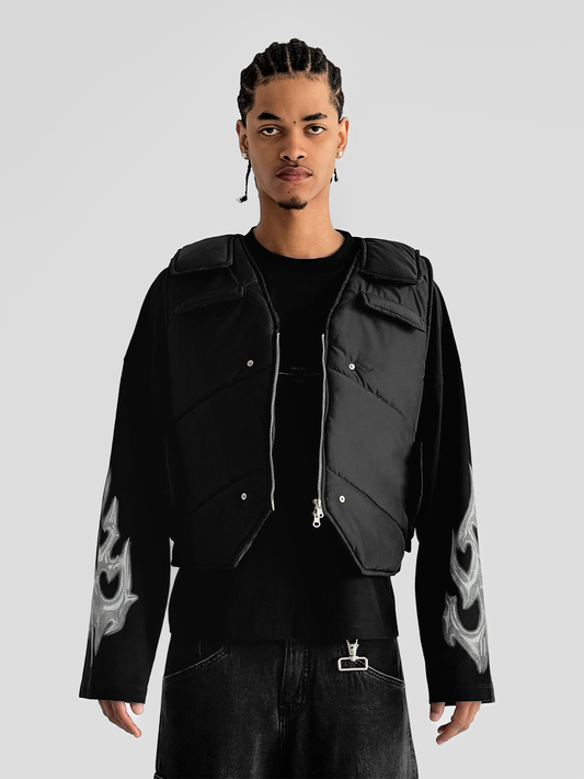 BLACK V-NECK PUFFER VEST