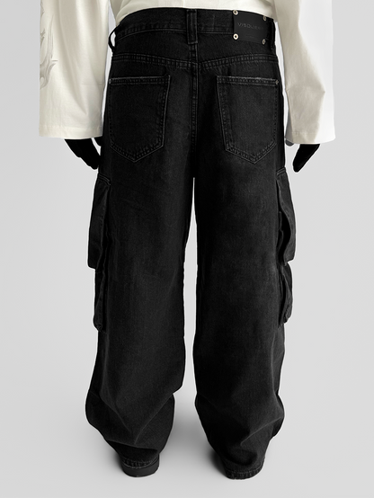 BLACK DENIM CARGO JEANS