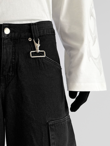 BLACK DENIM CARGO JEANS